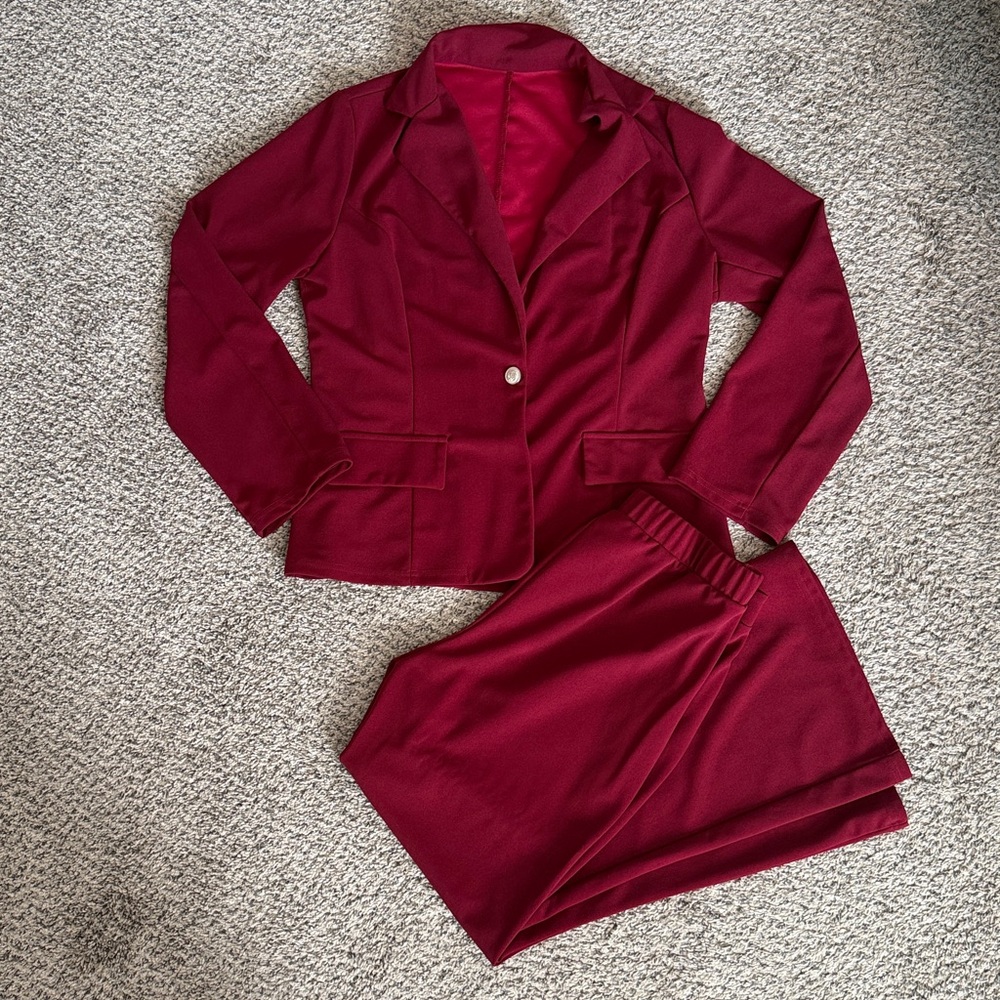 Women’s Burgundy Maroon Suit Set Plus XXL Flared Pants and Blazer